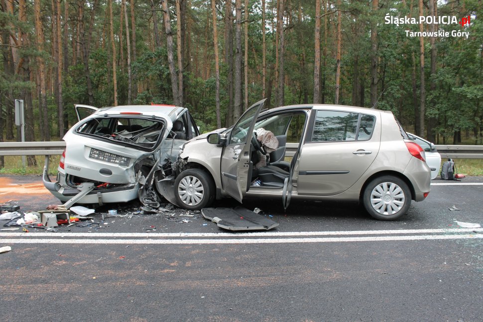 Koszmarny wypadek w miejscowości Koty pod Tarnowskimi Górami. W zderzeniu dwóch osobowych Renault, zginął kierowca jednego z samochodów (fot.KPP Tarnowskie Góry)