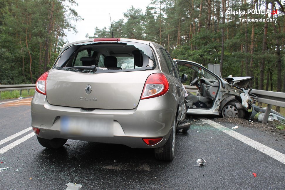 Koszmarny wypadek w miejscowości Koty pod Tarnowskimi Górami. W zderzeniu dwóch osobowych Renault, zginął kierowca jednego z samochodów (fot.KPP Tarnowskie Góry)
