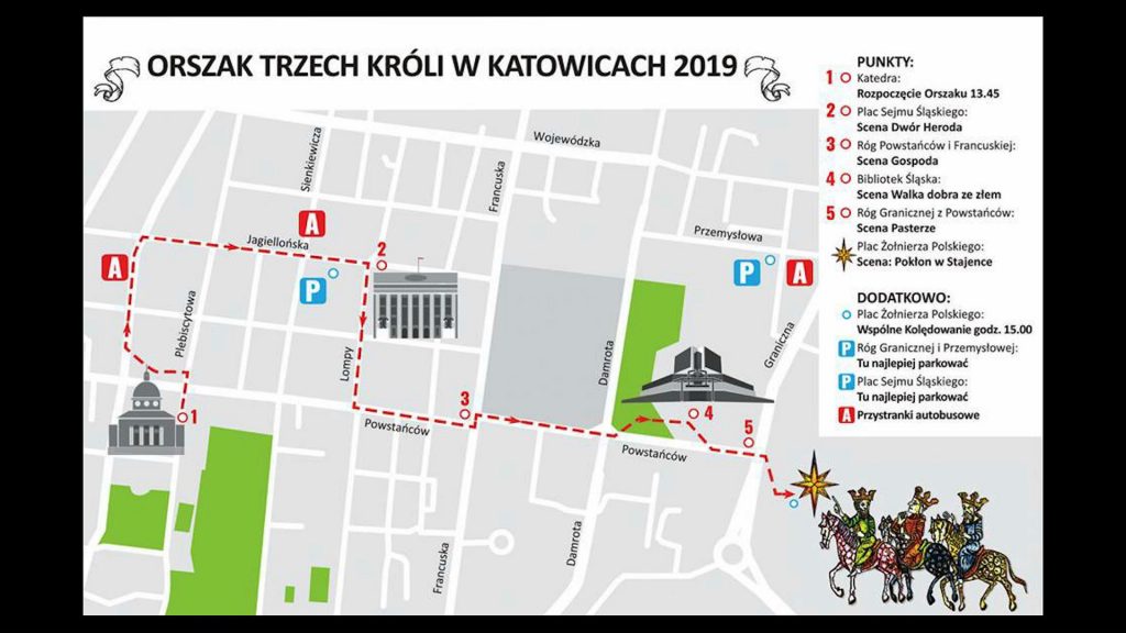 Orszak Trzech Króli w Katowicach rozpocznie się przed katedrą Chrystusa Króla i przemaszeruje między innymi ulicami: Jagiellońską, Lompy i Powstańców