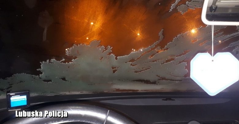 To tak się da jechać? ;-) Nie chciało mu się odmrozić szyby, to wystawił głowę przez boczną! (fot.Policja Lubuska)