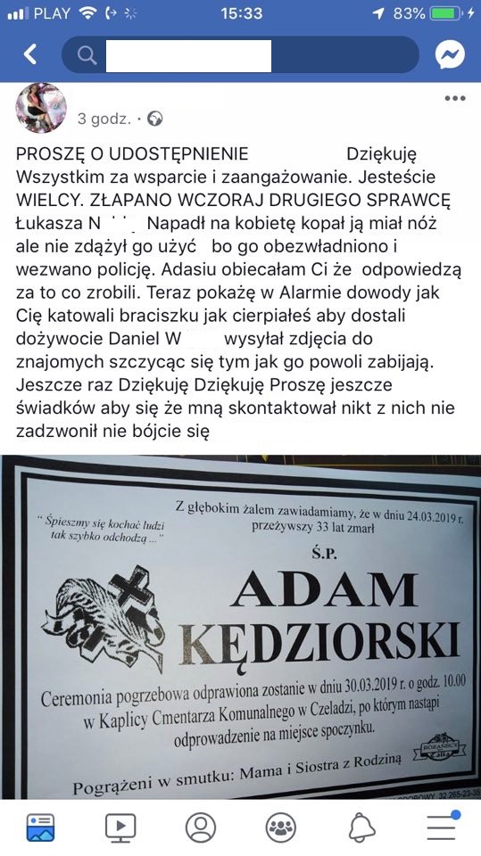 28-letni Łukasz N., który jest podejrzewany o to, że wraz ze swoim 39-letnim kolegą śmiertelnie pobili 33-letniego Adama Kędziorskiego, został zatrzymany (fot.facebook.com)