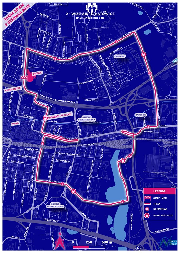 Mapa biegu i profil trasy na 10 km 2nd Wizz Air Katowice Half Marathon