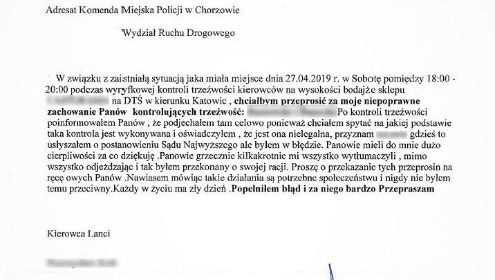 Powiedział policjantom, że nielegalnie sprawdzają trzeźwość. Później wysłał list z przeprosinami