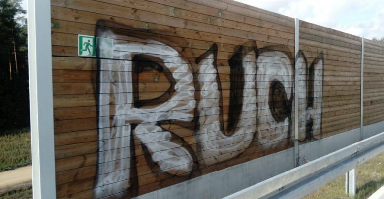 Kto zniszczył nowiutkie ekrany ochronne przy autostradzie A1 w Woźnikach? Przez to, co znalazło się na graffiti oczywiste podejrzenie padło na kiboli chorzowskiego Ruchu (fot.policja)