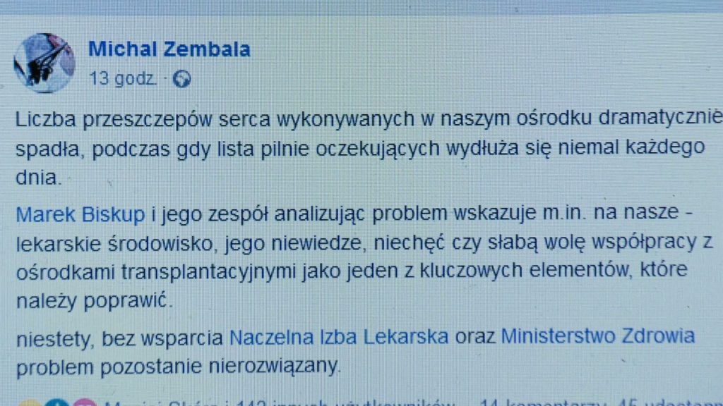 -Co się dzieje? - pyta Michał Zembala w swoim emocjonalnym wpisie i bije na alarm - dramatycznie spada liczba przeszczepów serca!