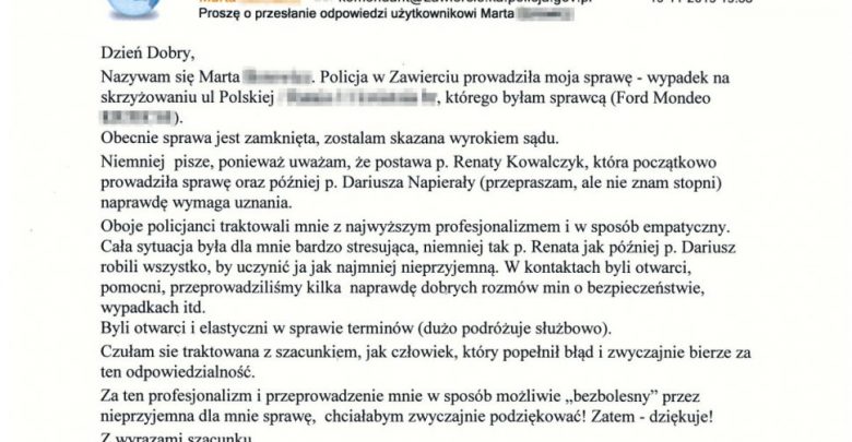 Zawiercie: Spowodowała wypadek, została skazana. Podziękowała policjantom za empatię (fot. KPP Zawiercie)