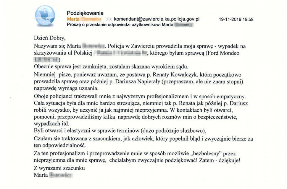 Zawiercie: Spowodowała wypadek, została skazana. Podziękowała policjantom za empatię (fot. KPP Zawiercie)