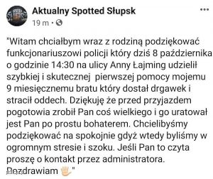 Treść podziękowań dla policjanta na lokalnym portalu internetowym Aktualny Spotted Słupsk