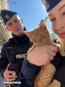 Rudy kitku wprost z głębokiego włazu trafił w objęcia policjantki. I bardzo mu się spodobało ;) (fot.policja)