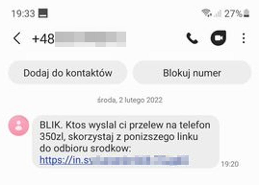 Przyszedł co ciebie taki SMS? Pod żadnym pozorem nie klikaj w link! Fot. Policja Śląska