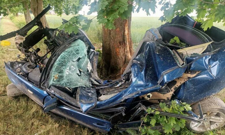 BMW owinęło się wokół drzewa. Kierowca nie żyje/fot.KPP Krasnystaw