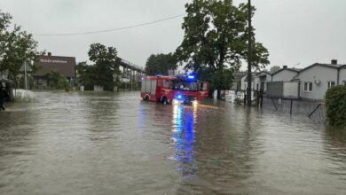 Alarm przeciwpowodziowy w powiecie bielskim 4 czerwca 2024, około 300 interwencji straży pożarnej. Fot. Komenda Miejska Państwowej Straży Pożarnej w Bielsku-Białej