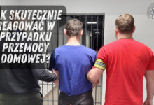 Policjanci prowadzą zatrzymanego w areszcie, na zdjęciu tekst "Jak skutecznie reagować w przypadku przemocy domowej"