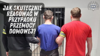 Policjanci prowadzą zatrzymanego w areszcie, na zdjęciu tekst "Jak skutecznie reagować w przypadku przemocy domowej"