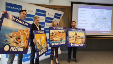 Ryanair Katowice lato 2025 cztery osoby trzymają plansze ze zdjęciami miast