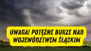 burze nad województwem Śląskim grafika: ciemne niebo z błyskawicą i obok trąba powietrzna