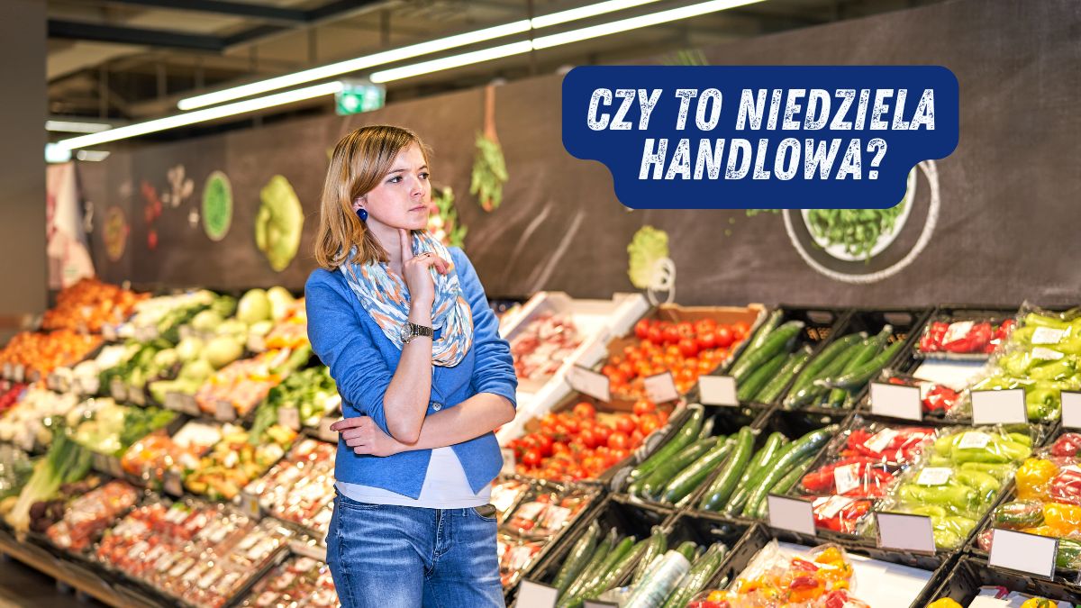 Niedziela handlowa 2025 Zastanawiająca się kobieta na tle stoiska z owocami