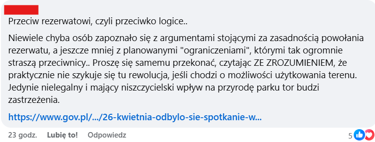 komentarz na fb ws. rezerwatu w parku repeckim