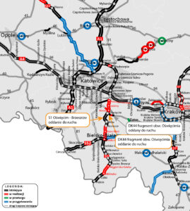 MApa przebiegu S1 w województwie śląskim